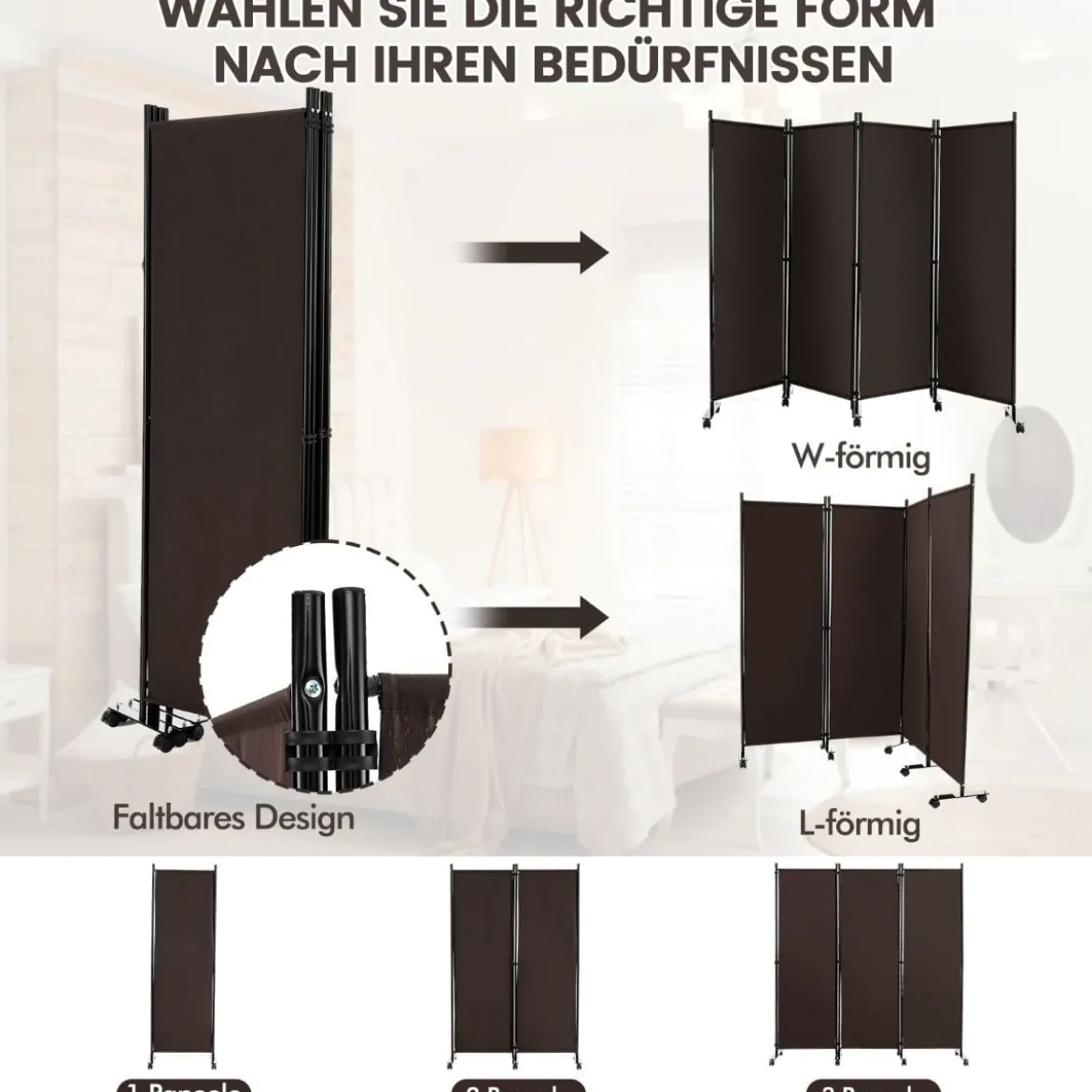 Raumteiler mit 4 Paneelen auf Rädern 173 cm Hoher Rollbarer Sichtschutz Braun
