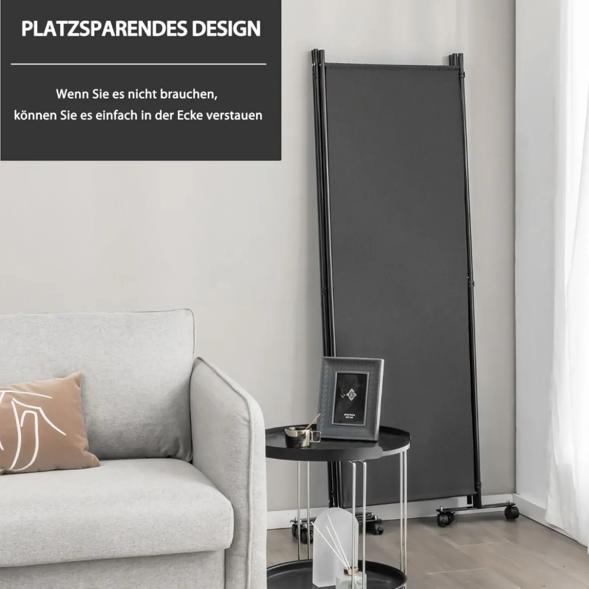 Raumteiler mit 4 Paneelen auf Rädern 173 cm Hoher Rollbarer Sichtschutz Grau
