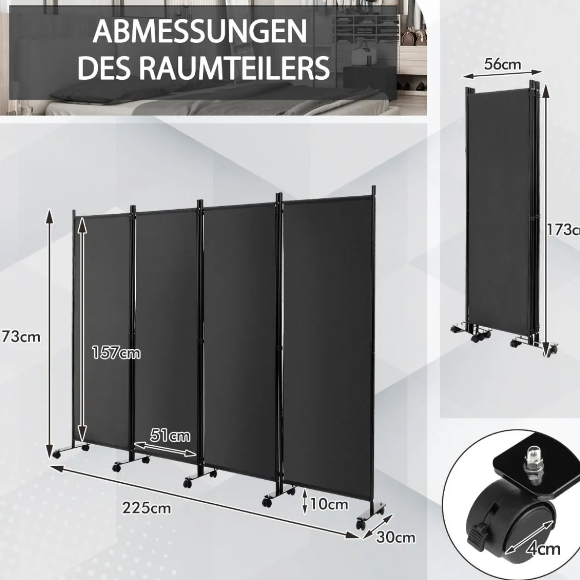 Raumteiler mit 4 Paneelen auf Rädern 173 cm Hoher Rollbarer Sichtschutz Grau