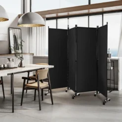 Raumteiler mit 4 Paneelen auf Rädern 173 cm Hoher Rollbarer Sichtschutz Schwarz