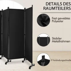 Raumteiler mit 4 Paneelen auf Rädern 173 cm Hoher Rollbarer Sichtschutz Schwarz