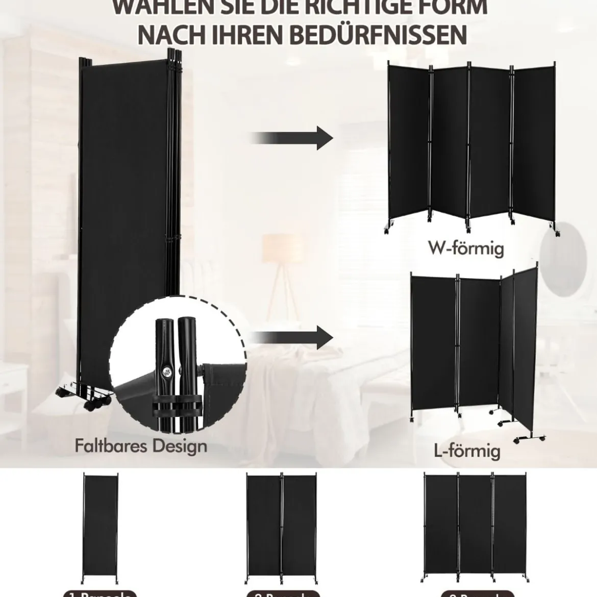 Raumteiler mit 4 Paneelen auf Rädern 173 cm Hoher Rollbarer Sichtschutz Schwarz