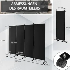 Raumteiler mit 4 Paneelen auf Rädern 173 cm Hoher Rollbarer Sichtschutz Schwarz