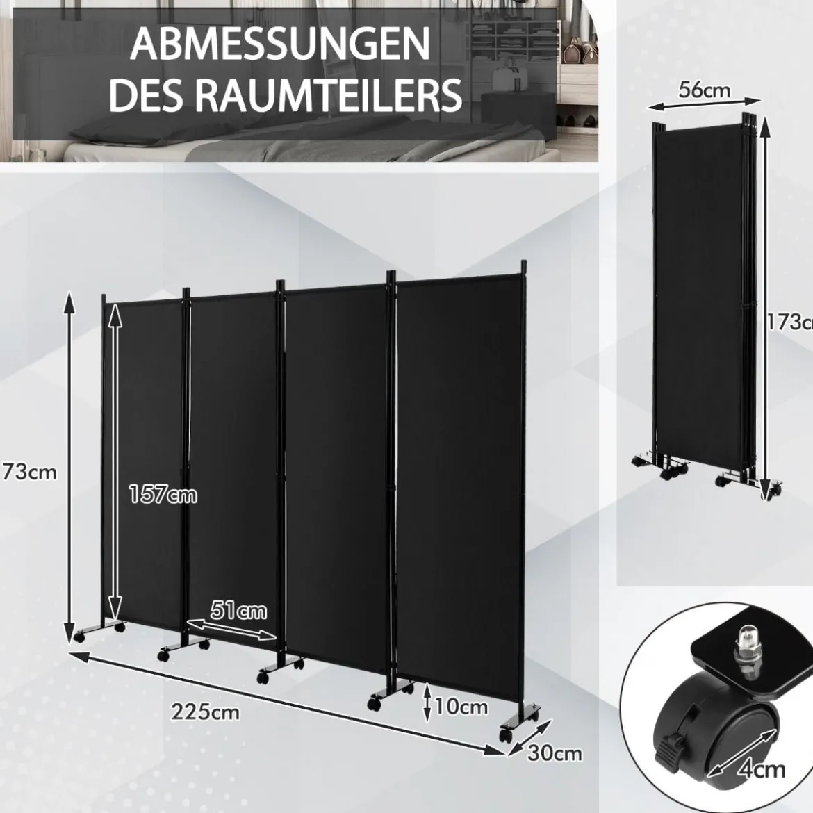 Raumteiler mit 4 Paneelen auf Rädern 173 cm Hoher Rollbarer Sichtschutz Schwarz