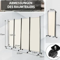 Raumteiler mit 4 Paneelen auf Rädern 173 cm Hoher Rollbarer Sichtschutz Beige