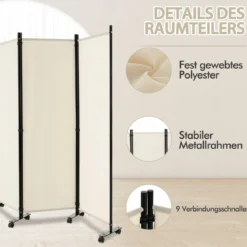 Raumteiler mit 4 Paneelen auf Rädern 173 cm Hoher Rollbarer Sichtschutz Beige