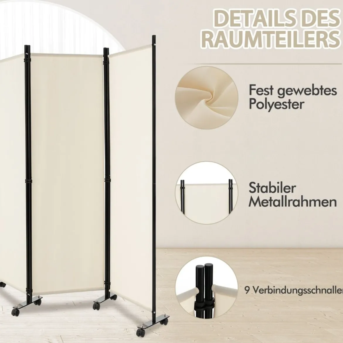 Raumteiler mit 4 Paneelen auf Rädern 173 cm Hoher Rollbarer Sichtschutz Beige