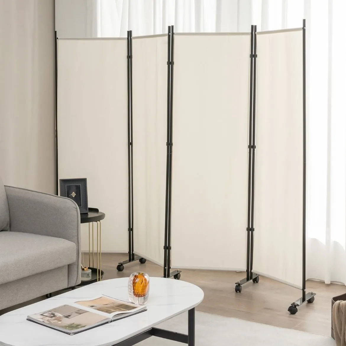 Raumteiler mit 4 Paneelen auf Rädern 173 cm Hoher Rollbarer Sichtschutz Beige
