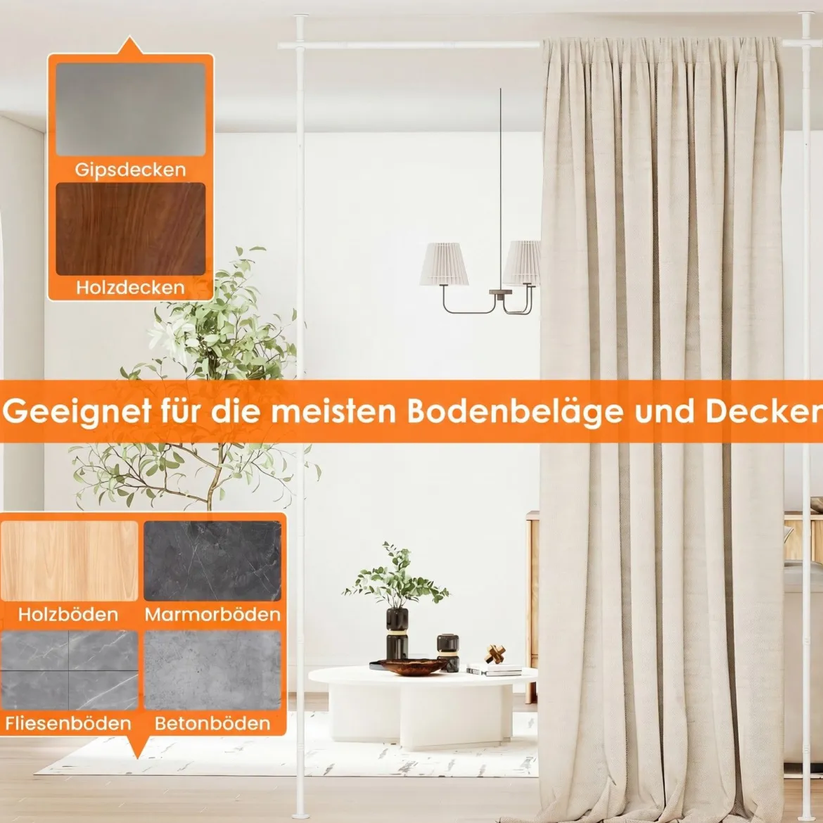 Raumteiler Paraventgestell Gardinenstange ohne Bohren 120–314 cm (H) 73–183 cm (B) Weiß
