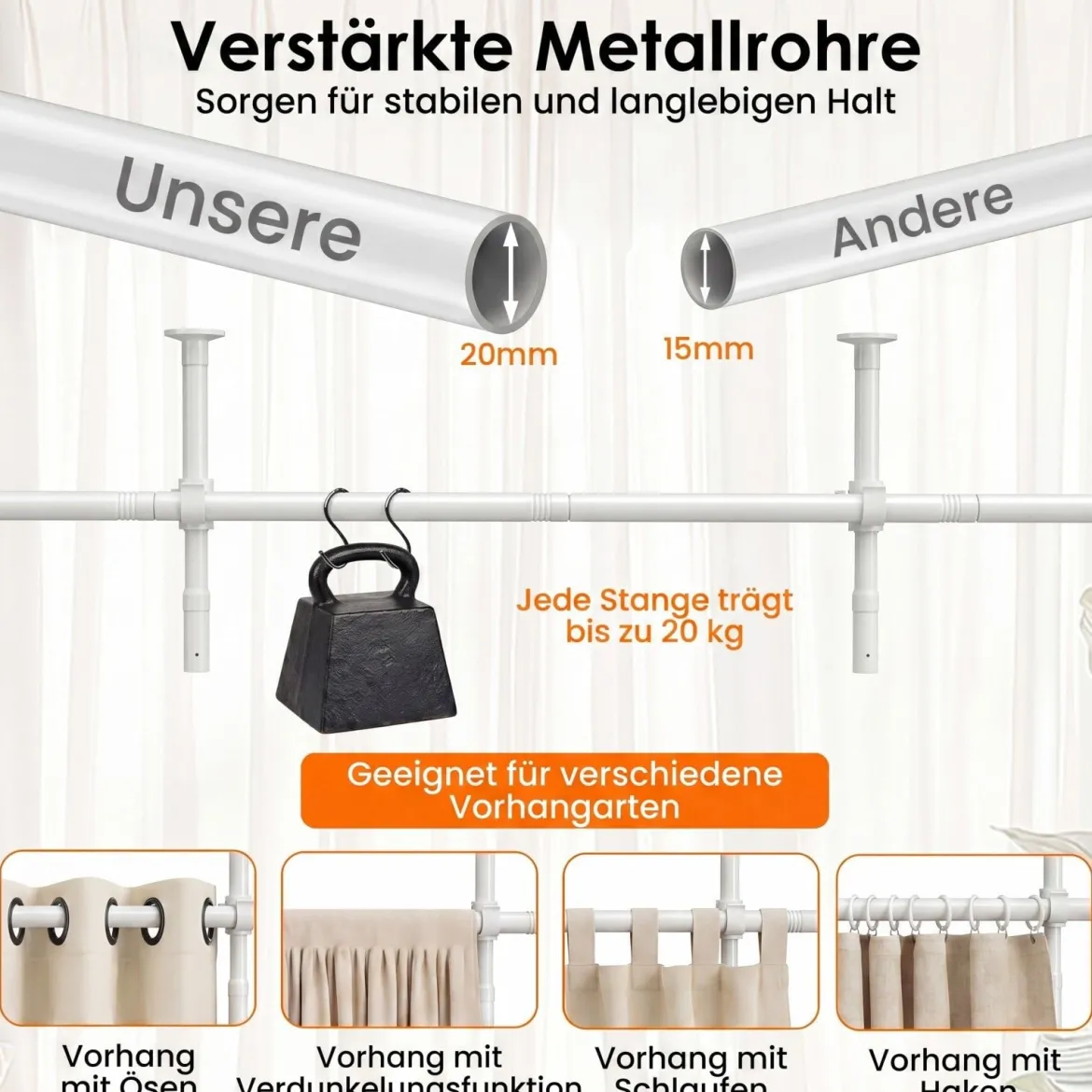 Raumteiler Paraventgestell Gardinenstange ohne Bohren 120–314 cm (H) 73–183 cm (B) Weiß
