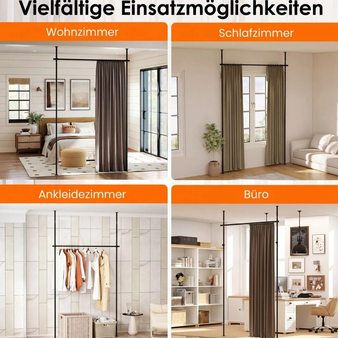 Raumteiler Paraventgestell Gardinenstange ohne Bohren 120–314 cm (H) 73–183 cm (B) Schwarz