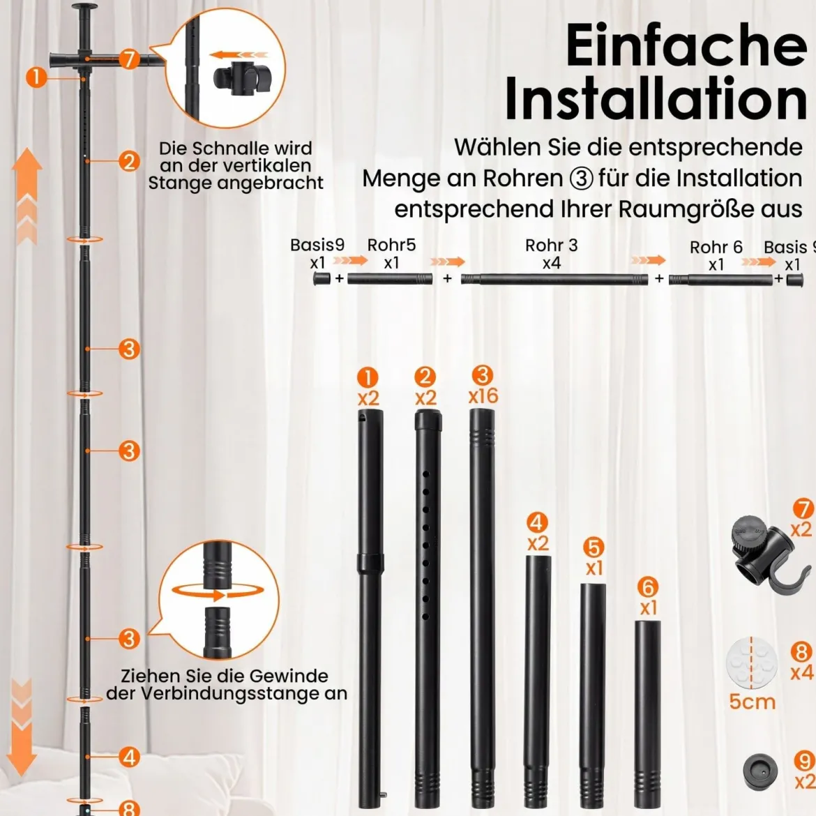 Raumteiler Paraventgestell Gardinenstange ohne Bohren 120–314 cm (H) 73–183 cm (B) Schwarz