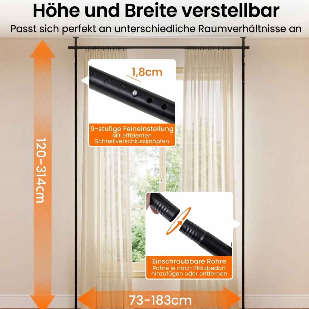 Raumteiler Paraventgestell Gardinenstange ohne Bohren 120–314 cm (H) 73–183 cm (B) Schwarz