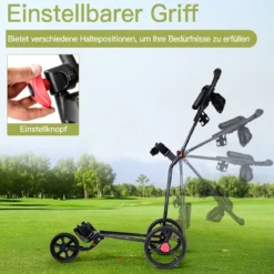 3-rädriger Golfwagen klappbarer leichter eiserner Golfwagen mit verstellbarem TPR-Griff Metall Golf Push Cart Schwarz