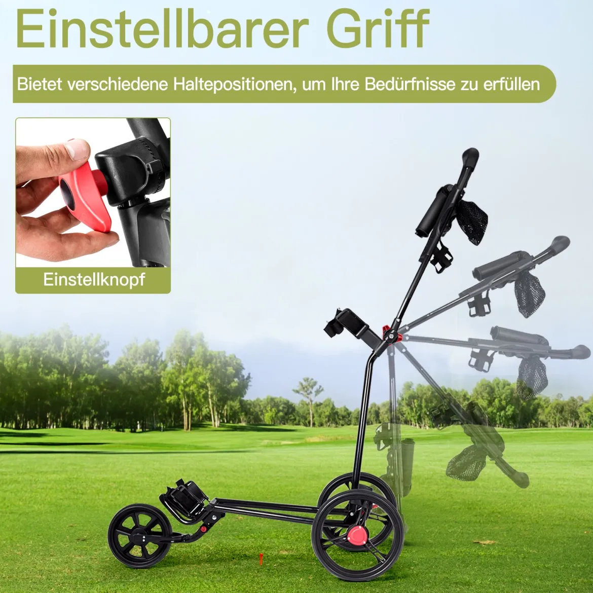3-rädriger Golfwagen klappbarer leichter eiserner Golfwagen mit verstellbarem TPR-Griff Metall Golf Push Cart Schwarz