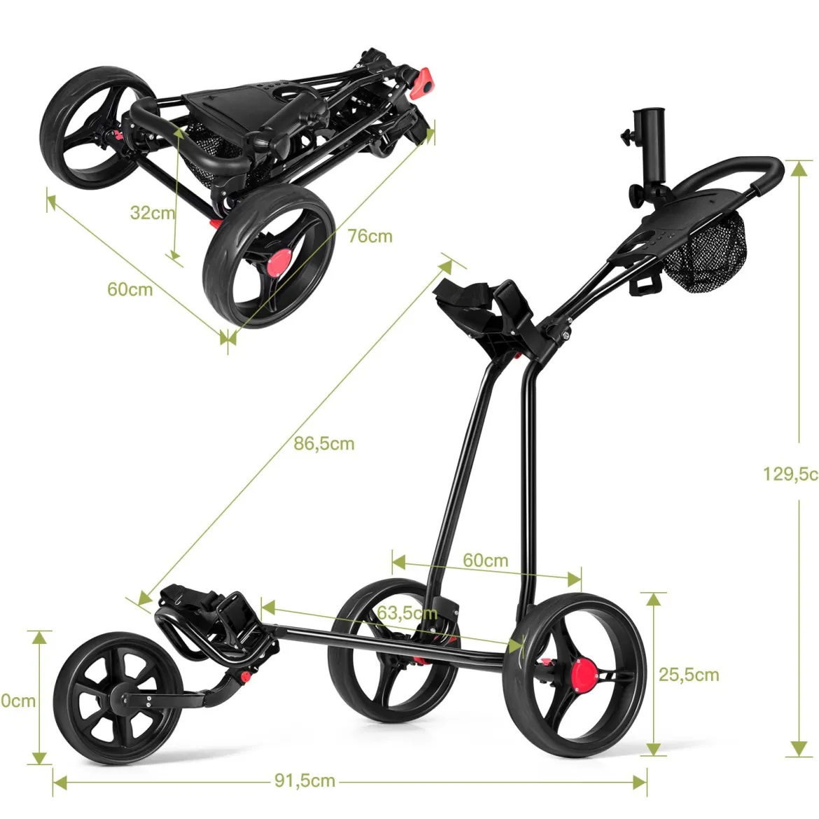 3-rädriger Golfwagen klappbarer leichter eiserner Golfwagen mit verstellbarem TPR-Griff Metall Golf Push Cart Schwarz