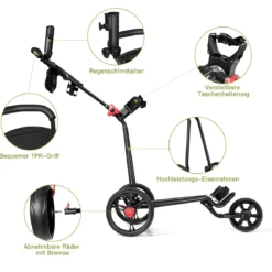 3-rädriger Golfwagen klappbarer leichter eiserner Golfwagen mit verstellbarem TPR-Griff Metall Golf Push Cart Schwarz