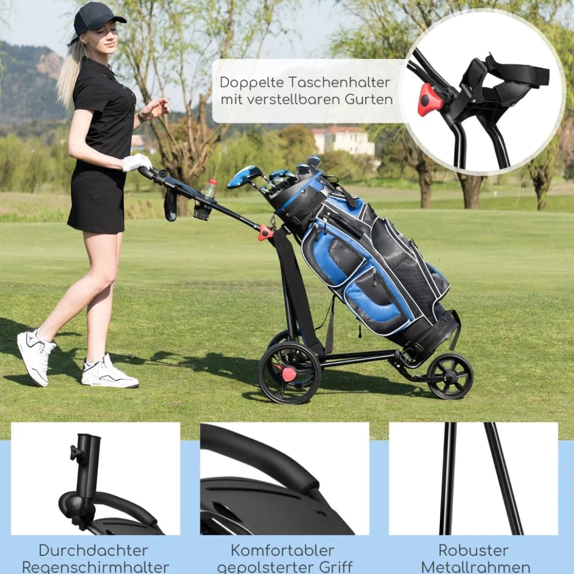 3-rädriger Golfwagen klappbarer leichter eiserner Golfwagen mit verstellbarem TPR-Griff Metall Golf Push Cart Schwarz