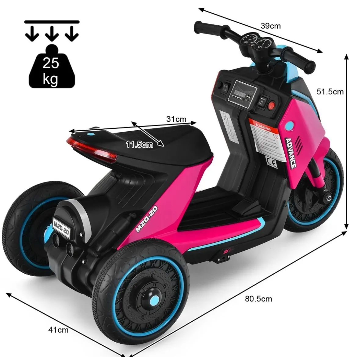 3-rädriger Kids Motorroller mit Lichtern Elektromotorrad 80,5 x 41 x 51,5 cm Rosa + Schwarz + Blau