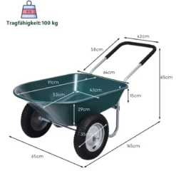 2-rädrige Schubkarre für den Garten Schwerlast-Schublade 145 x 65 x 65 cm Grün