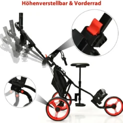 3-rädriges Golfkart verstellbares leichtes Golfkart 129,5 x 75 x 101,5-119,5 cm Rot + Schwarz