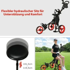 3-rädriges Golfkart verstellbares leichtes Golfkart 129,5 x 75 x 101,5-119,5 cm Rot + Schwarz