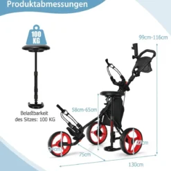 3-rädriges Golfkart verstellbares leichtes Golfkart 129,5 x 75 x 101,5-119,5 cm Rot + Schwarz