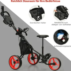 3-rädriges Golfkart verstellbares leichtes Golfkart 129,5 x 75 x 101,5-119,5 cm Rot + Schwarz