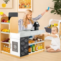 Realistischer Kindersupermarkt mit Einkaufswagen Holz Lebensmittelladen für Kinder ab 3 Jahren