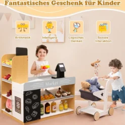 Realistischer Kindersupermarkt mit Einkaufswagen Holz Lebensmittelladen für Kinder ab 3 Jahren