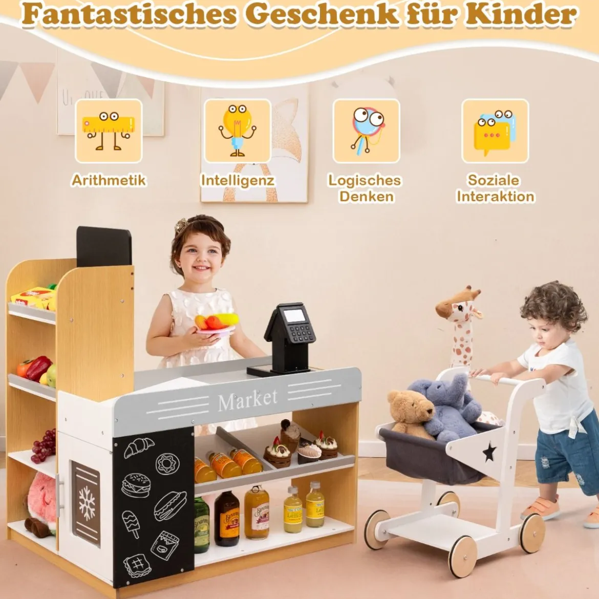 Realistischer Kindersupermarkt mit Einkaufswagen Holz Lebensmittelladen für Kinder ab 3 Jahren