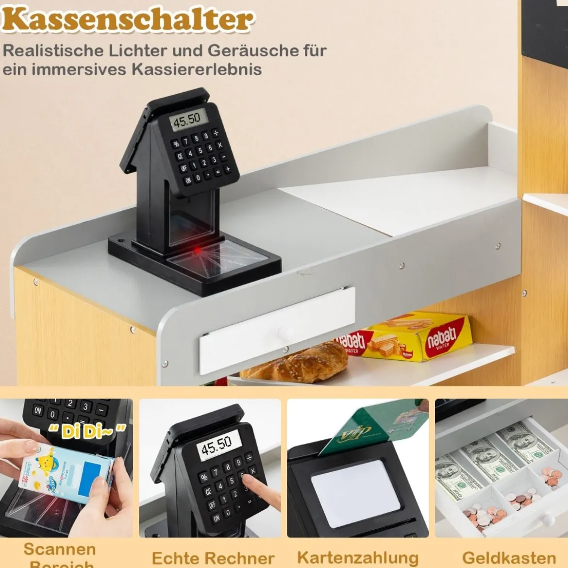 Realistischer Kindersupermarkt mit Einkaufswagen Holz Lebensmittelladen für Kinder ab 3 Jahren