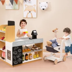 Realistischer Kindersupermarkt mit Einkaufswagen Holz Lebensmittelladen für Kinder ab 3 Jahren