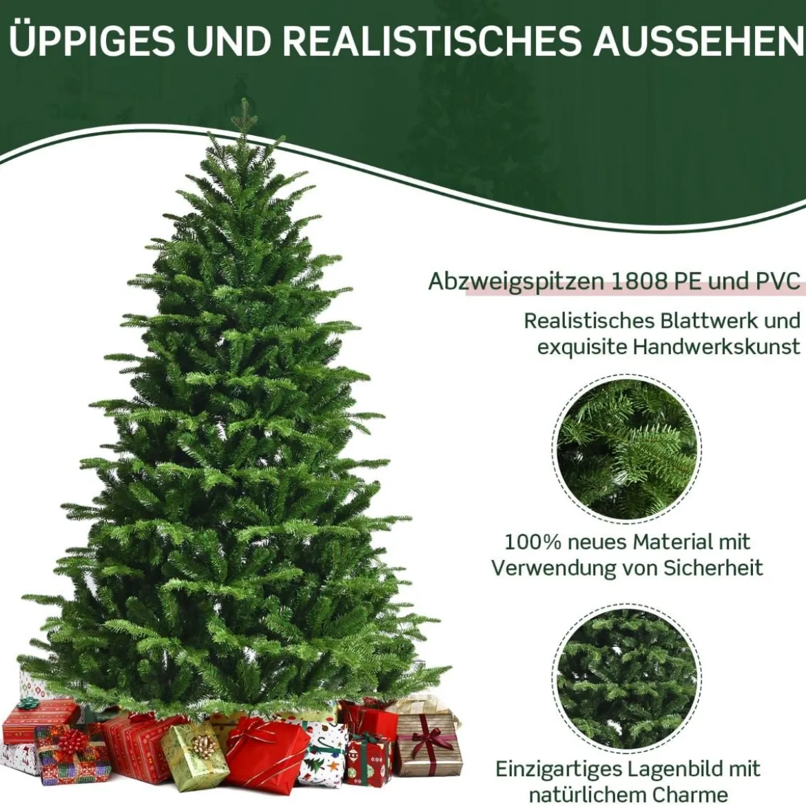 Realistischer Künstlicher Weihnachtsbaum mit 1808 PE & PVC Zweigen und Metallständer 180 cm