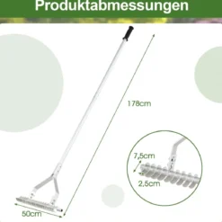Rechen Gartenrechen Aluminium 50 x 178 cm Rasenrechen mit verstellbaren 19 Zinken