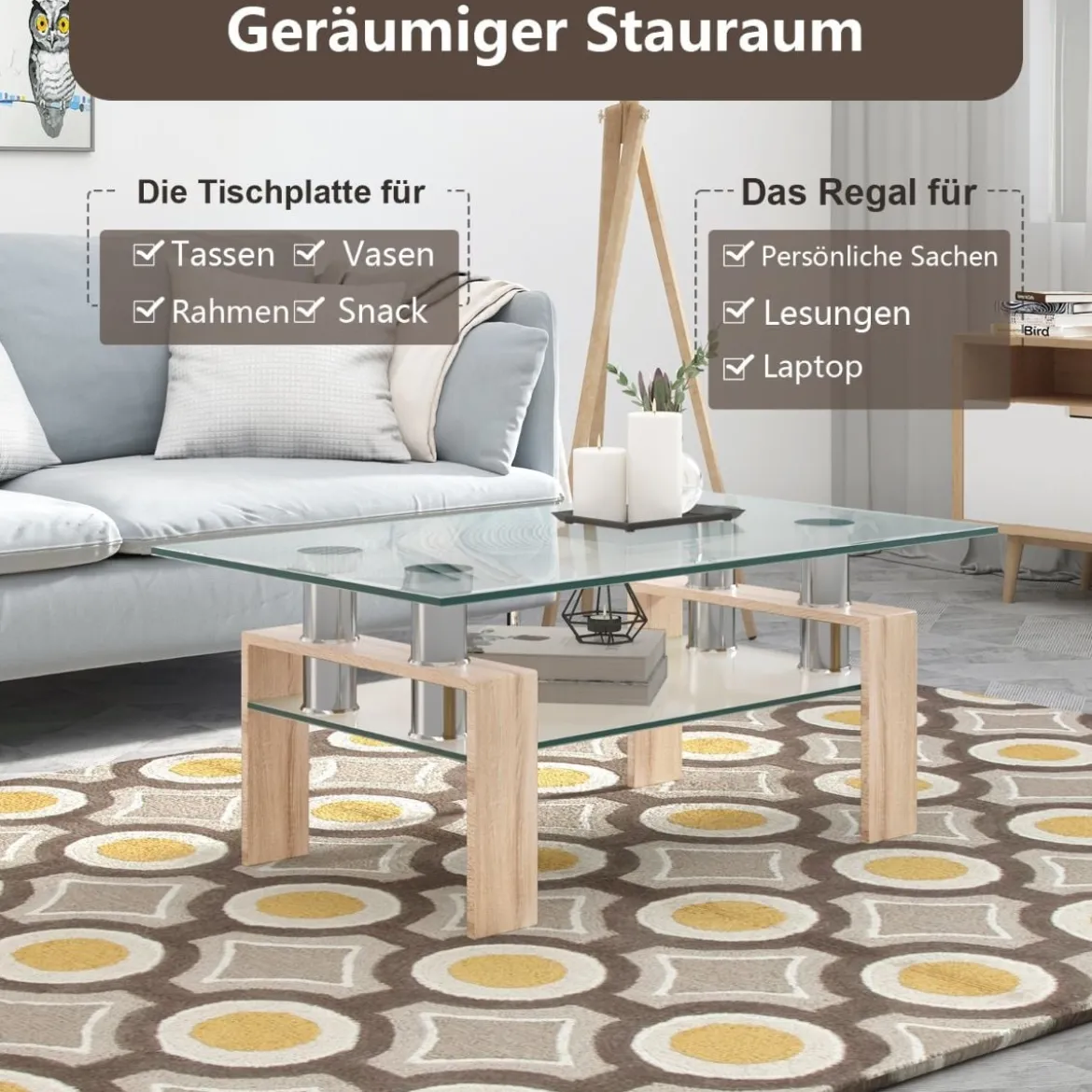 Rechteckiger Couchtisch aus Glas moderner Couchtisch Glastisch 99,5 x 59,5 x 44,5 cm Natur