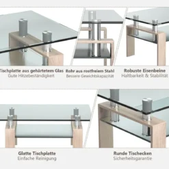 Rechteckiger Couchtisch aus Glas moderner Couchtisch Glastisch 99,5 x 59,5 x 44,5 cm Natur