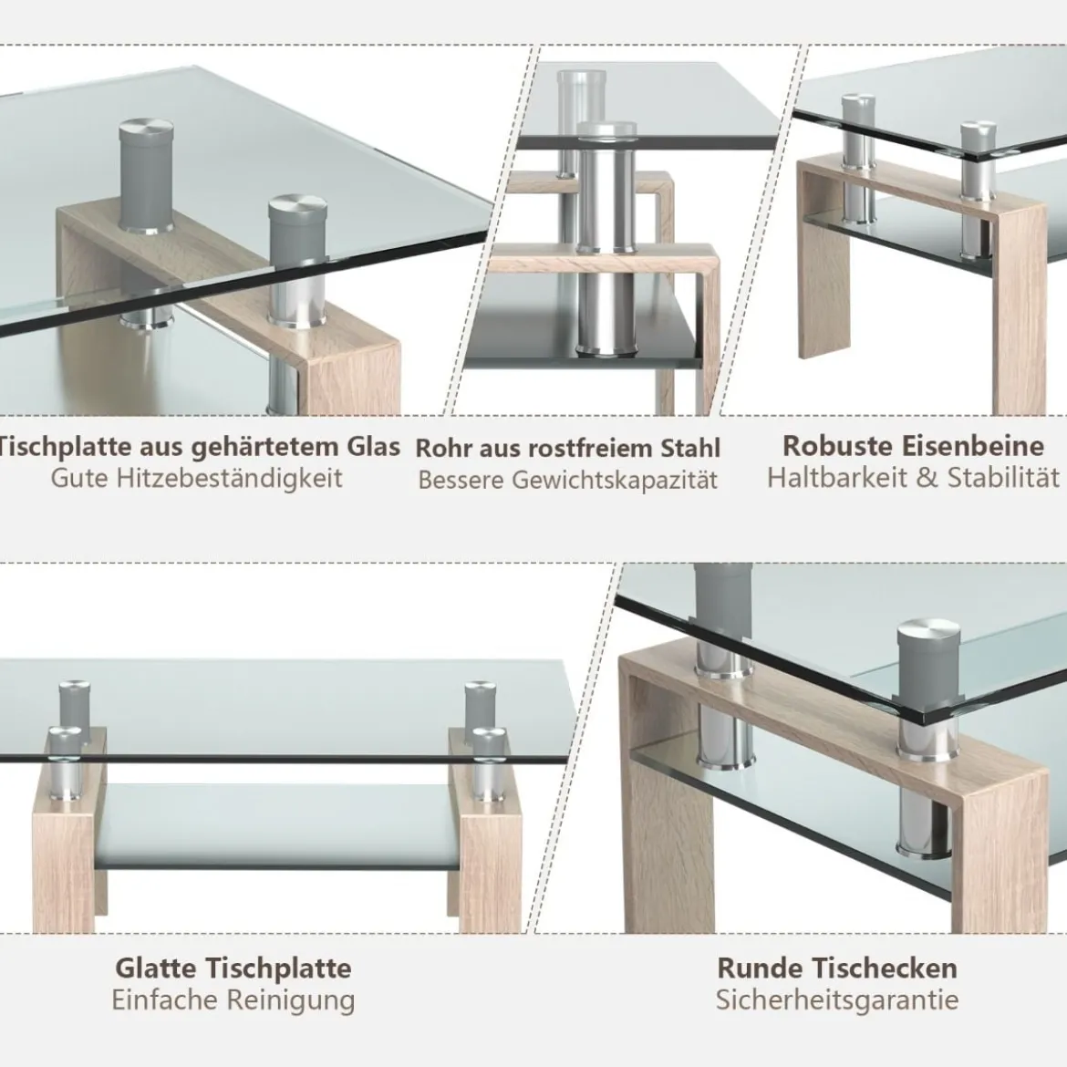 Rechteckiger Couchtisch aus Glas moderner Couchtisch Glastisch 99,5 x 59,5 x 44,5 cm Natur