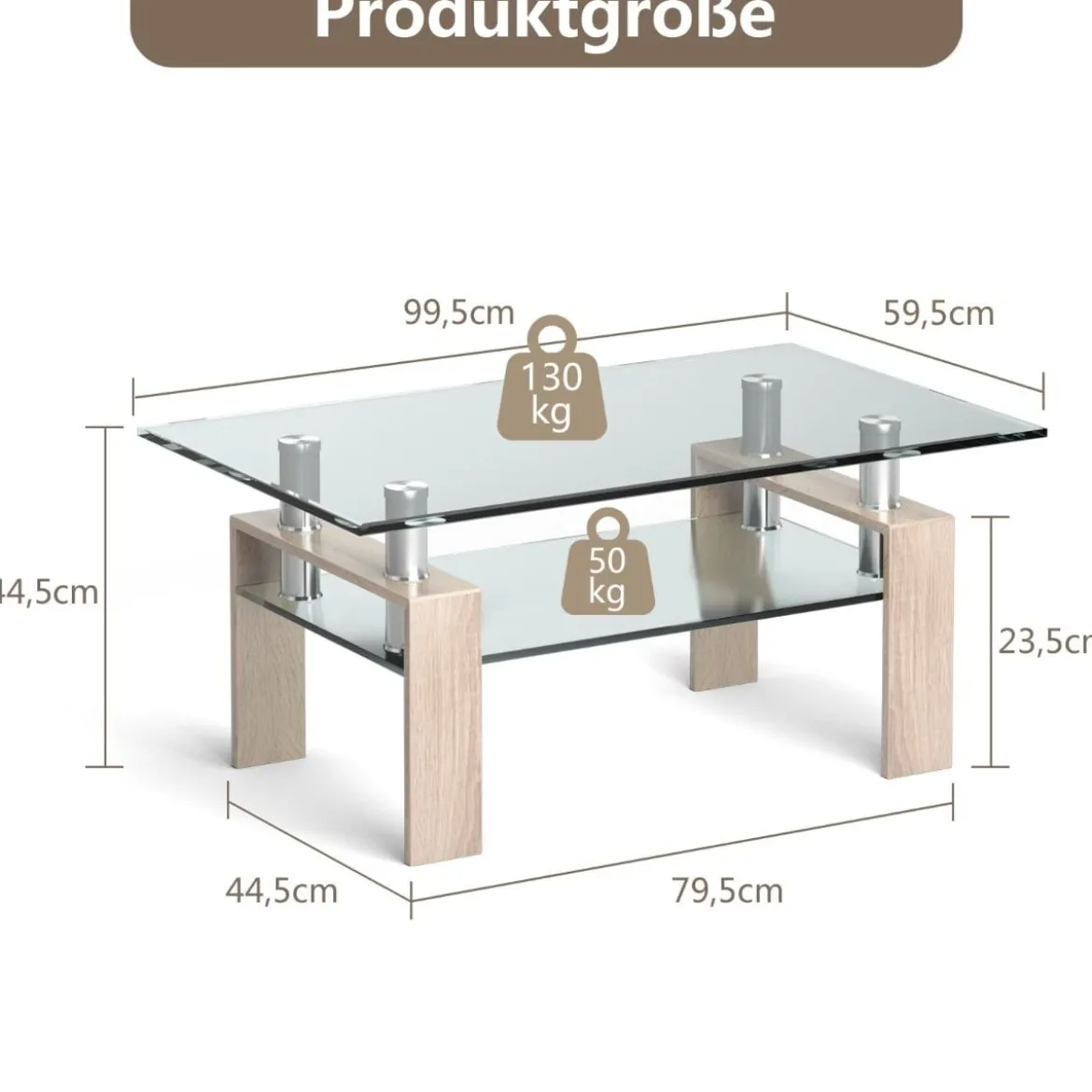Rechteckiger Couchtisch aus Glas moderner Couchtisch Glastisch 99,5 x 59,5 x 44,5 cm Natur