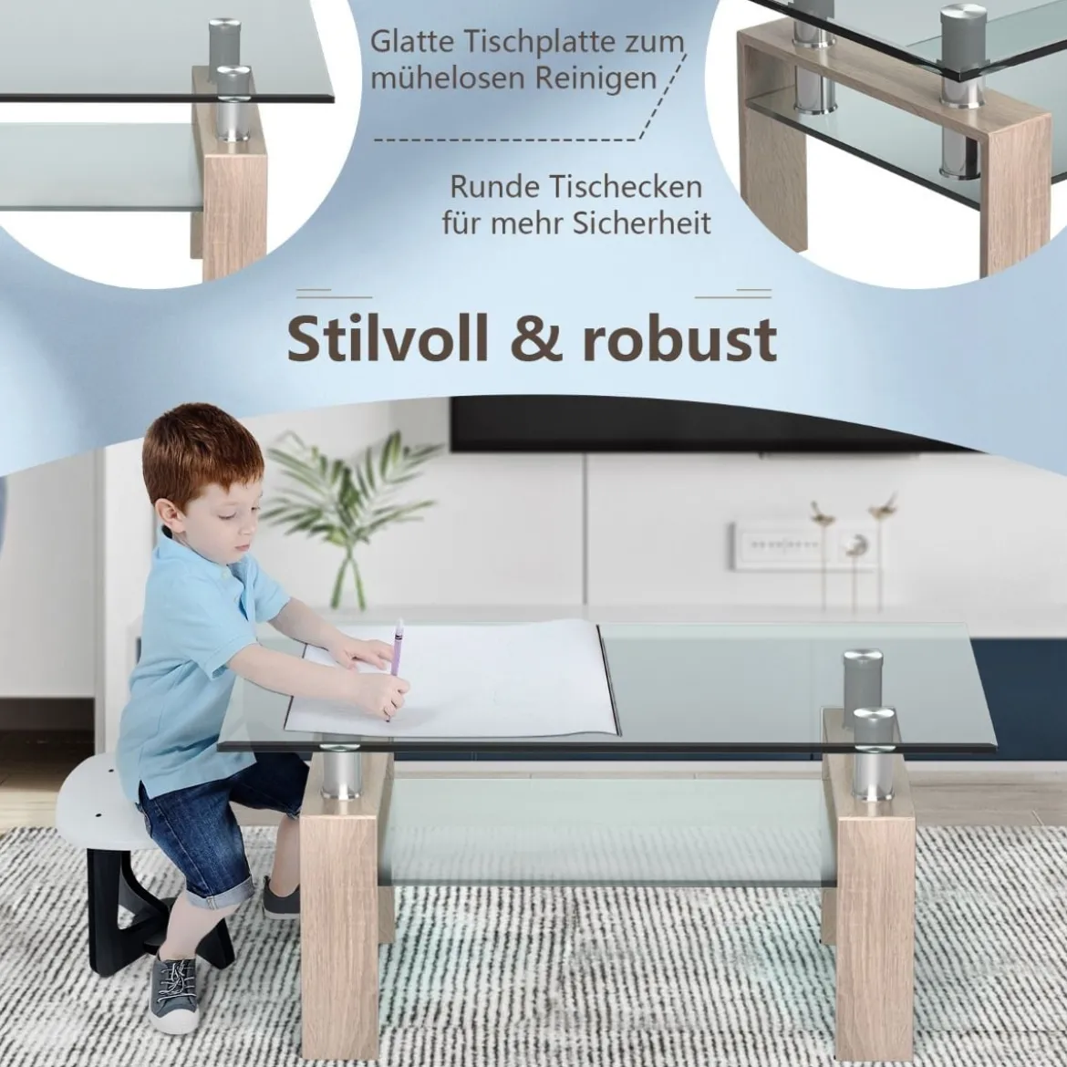 Rechteckiger Couchtisch aus Glas moderner Couchtisch Glastisch 99,5 x 59,5 x 44,5 cm Natur