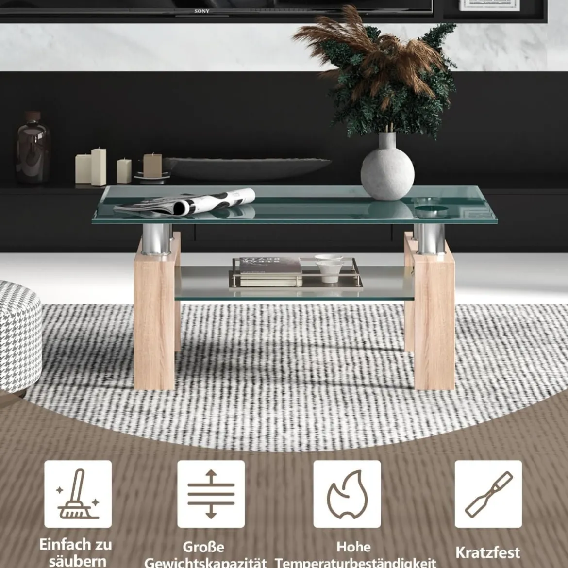 Rechteckiger Couchtisch aus Glas moderner Couchtisch Glastisch 99,5 x 59,5 x 44,5 cm Natur