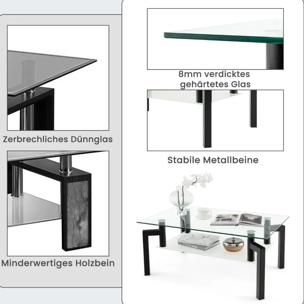 Rechteckiger Couchtisch aus Glas 2-Stufiger Moderner Kaffeetisch