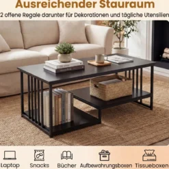 Rechteckiger Couchtisch mit 2 Ablageflächen & Robustem Metallgestell Moderner Akzenttisch Schwarz