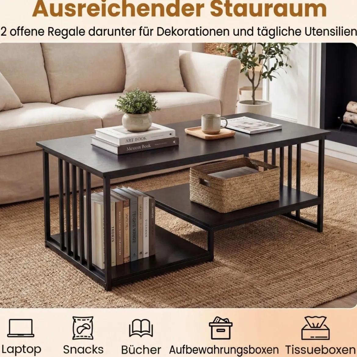 Rechteckiger Couchtisch mit 2 Ablageflächen & Robustem Metallgestell Moderner Akzenttisch Schwarz
