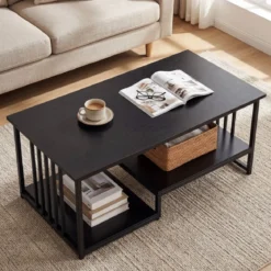 Rechteckiger Couchtisch mit 2 Ablageflächen & Robustem Metallgestell Moderner Akzenttisch Schwarz