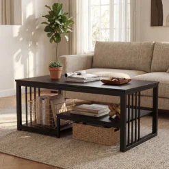 Rechteckiger Couchtisch mit 2 Ablageflächen & Robustem Metallgestell Moderner Akzenttisch Schwarz