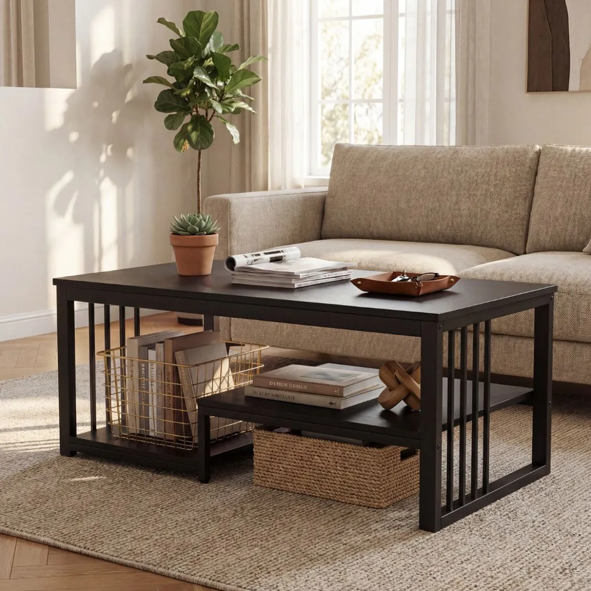 Rechteckiger Couchtisch mit 2 Ablageflächen & Robustem Metallgestell Moderner Akzenttisch Schwarz