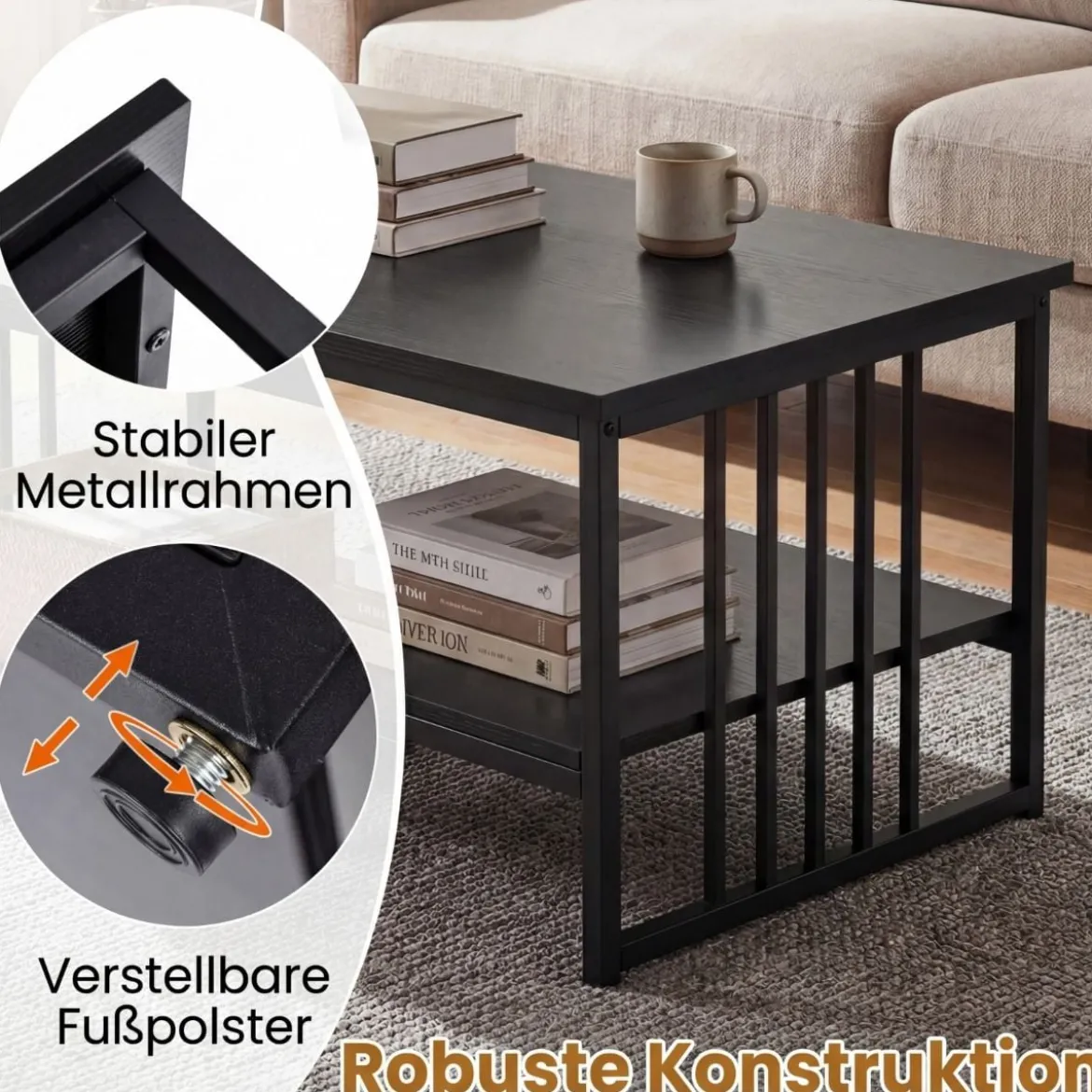 Rechteckiger Couchtisch mit 2 Ablageflächen & Robustem Metallgestell Moderner Akzenttisch Schwarz