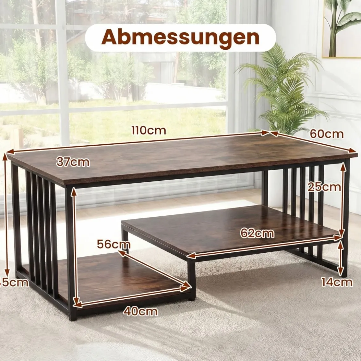 Rechteckiger Couchtisch mit 2 Ablageflächen & Robustem Metallgestell Moderner Akzenttisch Rustikal Braun