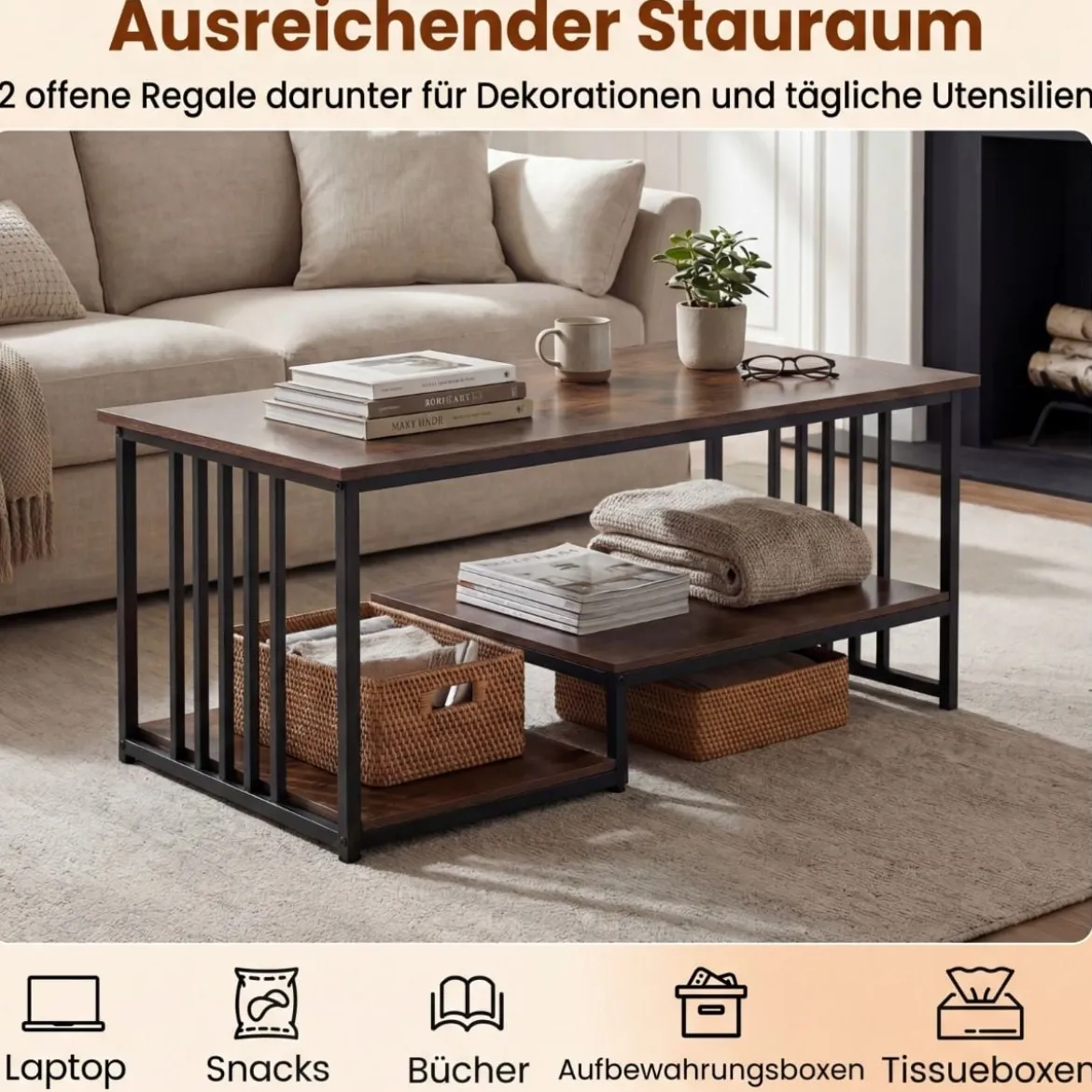 Rechteckiger Couchtisch mit 2 Ablageflächen & Robustem Metallgestell Moderner Akzenttisch Rustikal Braun